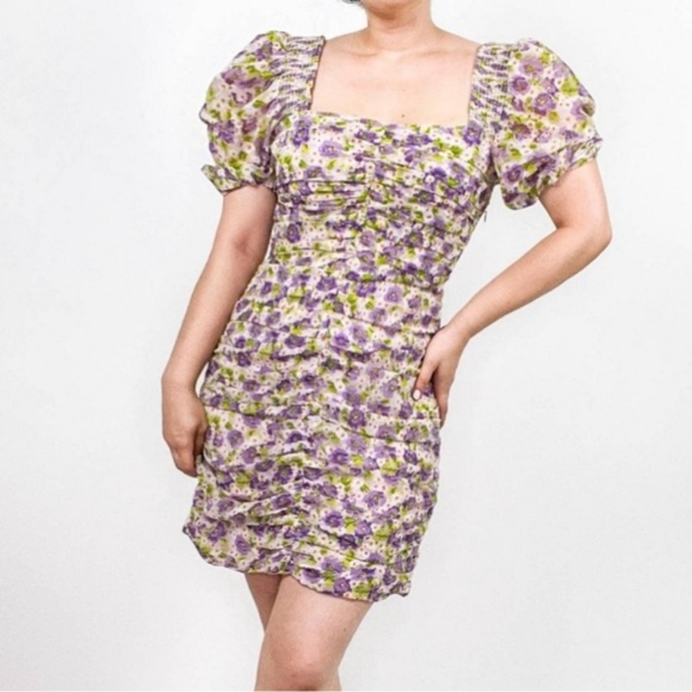 Zara Floral Puff Sleeve Smocked Ruched Bodycon Dress Size Medium‎